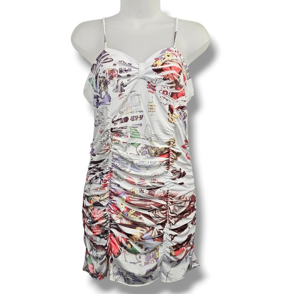 La Teen Dresses & Skirts - Y2K La Teen Mini Dress L White Pink Graphic Print Ruched Bodycon Babydoll NEW